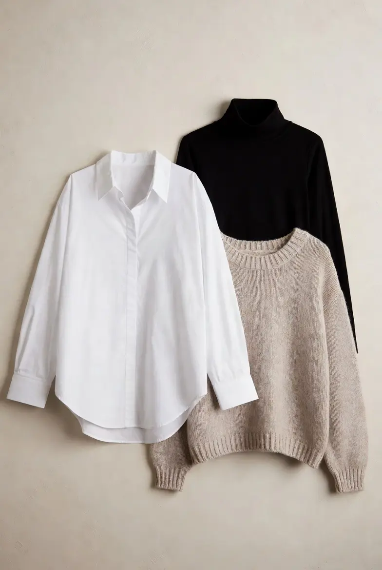 Tops That Do the Heavy Lifting Start with three essentials: A crisp white cotton shirt&nbsp;– oversized fits work best A fitted black turtleneck&nbsp;– perfect for layering A soft beige knit sweater&nbsp;– cozy yet sophisticated These three tops create at least ten outfit combinations. I personally wear my white shirt tucked, untucked, and half-tucked. Different looks. Same shirt.