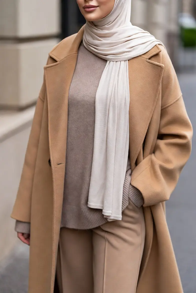 Camel Coat with Cream Hijab