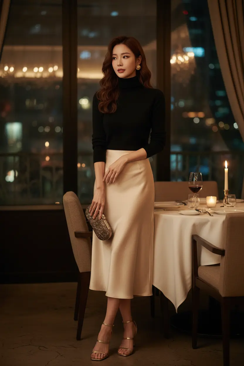 For korean women For Evening Dinners Black turtleneck + midi satin skirt + strappy heels. Add small gold earrings. Understated glamour achieved.