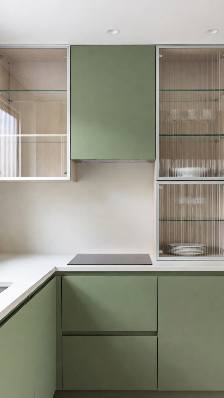 Mixed Material Green Kitchen With Glass Fronts