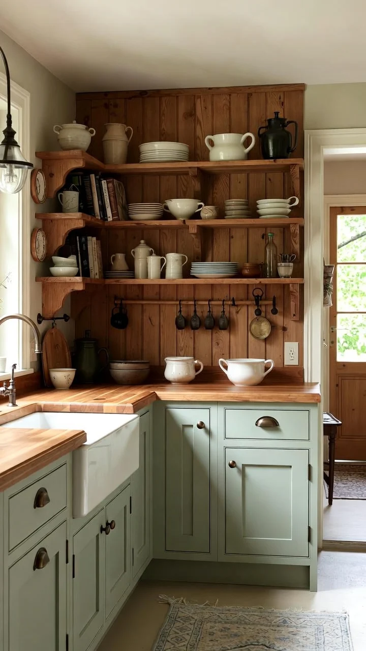 Light Green Farmhouse Kitchen With Warm Wood Accents