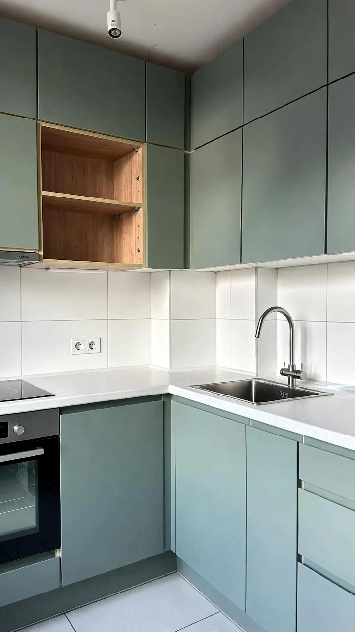 L-Shaped Small Kitchen in Matt Grey-Green