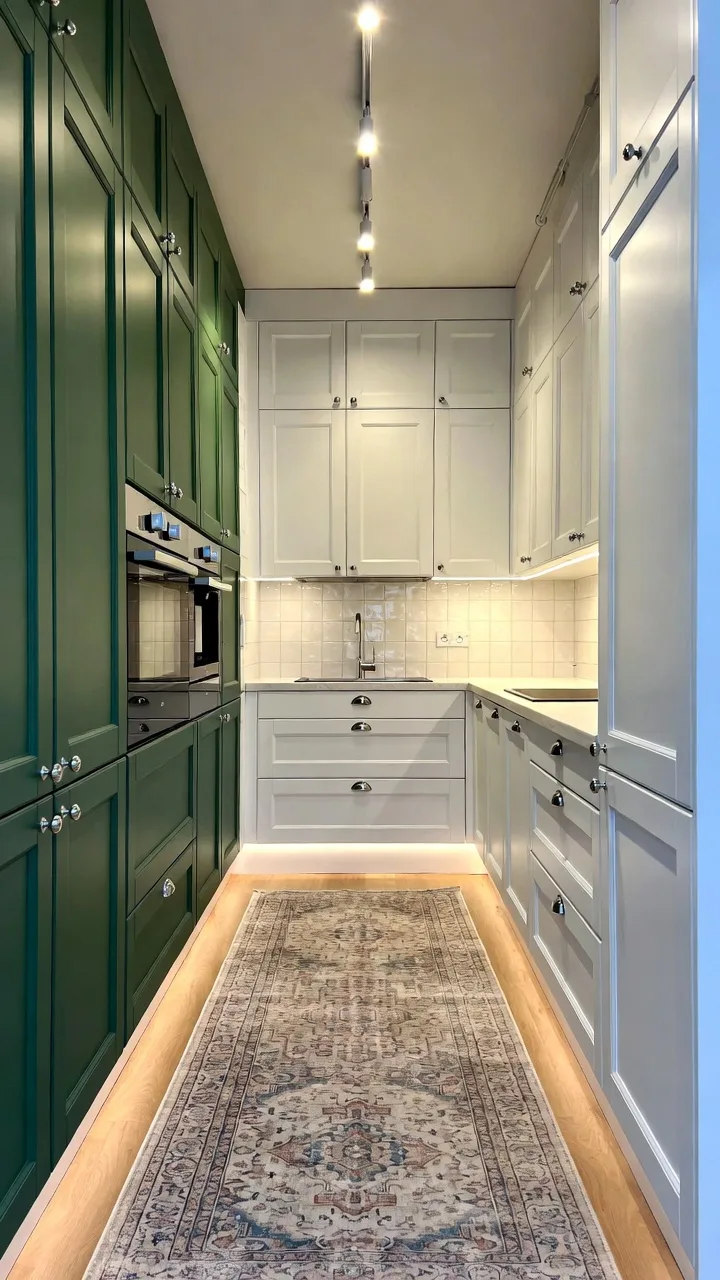 Green and White Galley Kitchen for Narrow Spaces