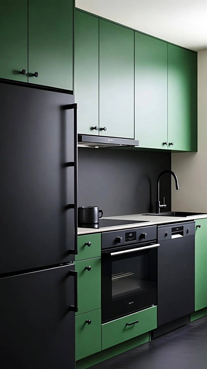 Green Cabinets With Black Hardware and Appliances