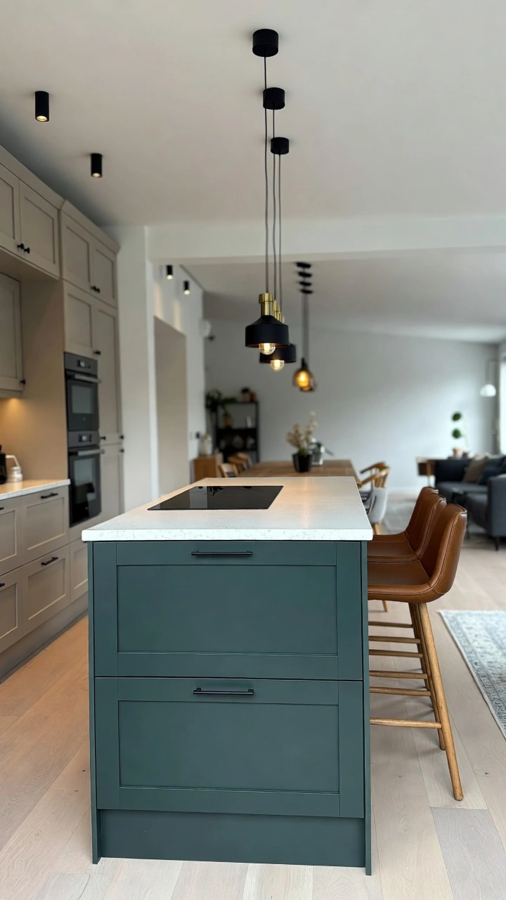 Deep Green Island Kitchen for Open-Plan Living