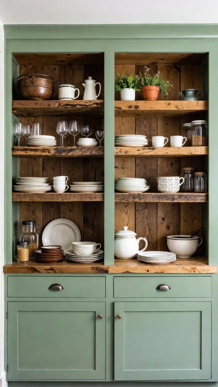  Rustic Green Kitchen With Open Shelving